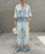 Stylish & Casual Retro-print Two-piece Set: Zip-up Top And Pants