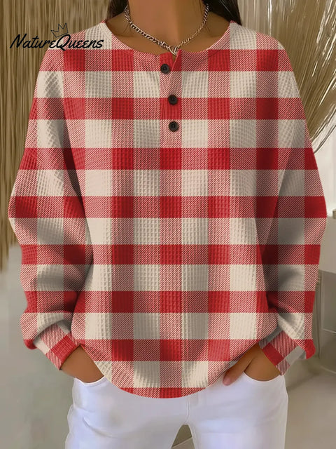 Women's Plaid Pattern Art Print Casual Waffle Sweatshirt