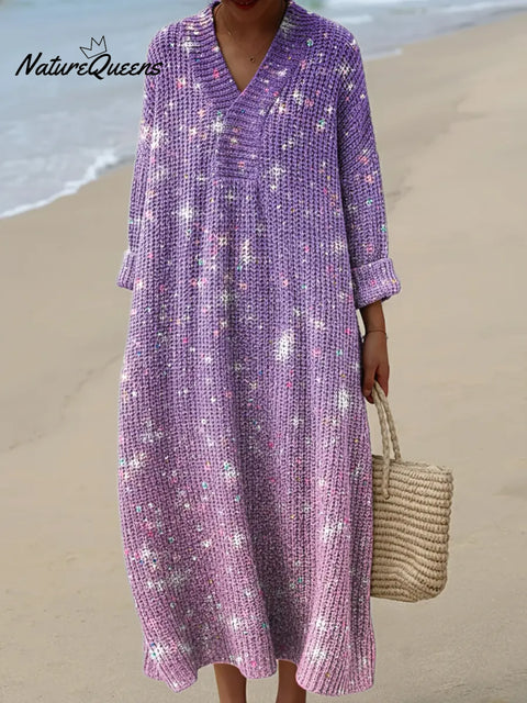 Purple Gradient Glitter Print Knitted V-neck Dress