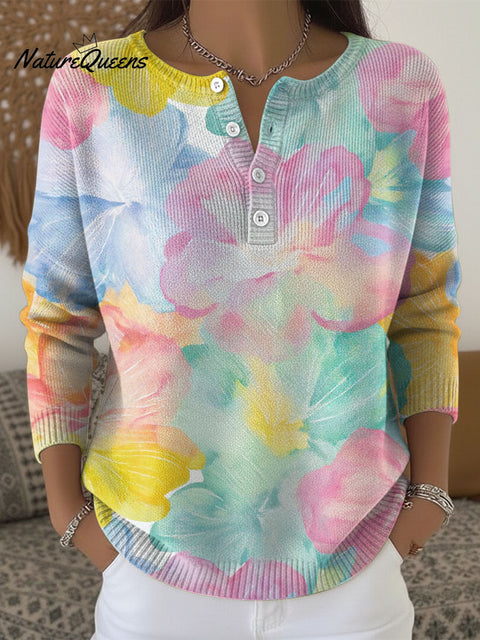Women's Multicolor Flowers Pattern Art Print Buttoned Cardigan Sweater
