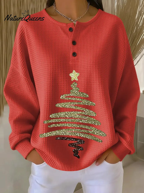 Women's Christmas Tree Pattern Art Print Casual Waffle Sweatshirt