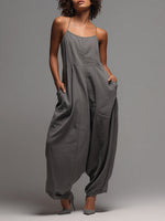 Women's Solid-color Casual Loose Cotton-linen Wide-leg Jumpsuit With Spaghetti Straps