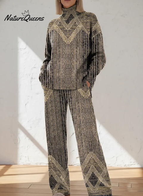 Women's Retro Abstract Geometry Art Print Casual Knit Set