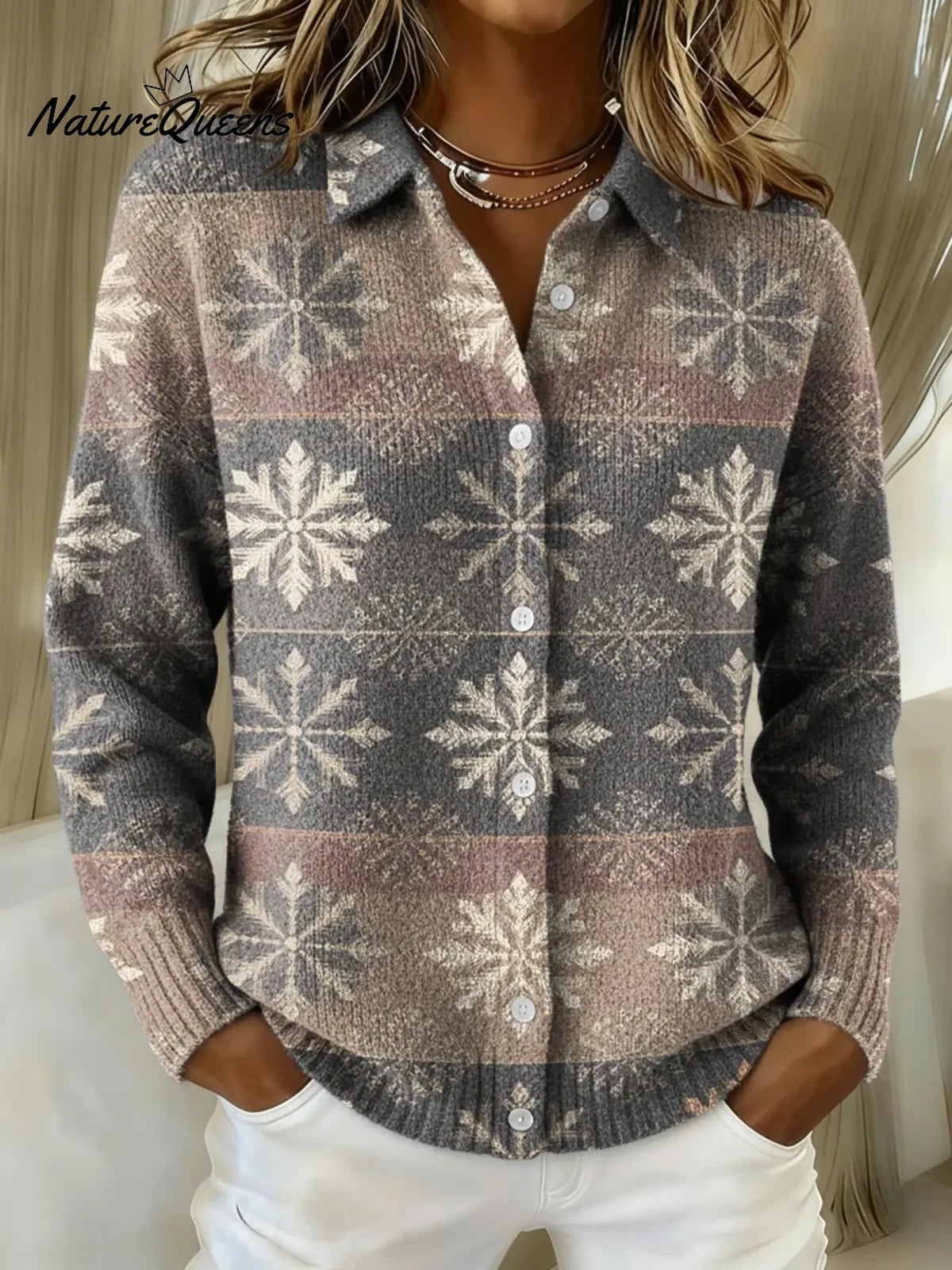 Women's Retro Snowflake Horizontal Stripes Printed Collared Sweater