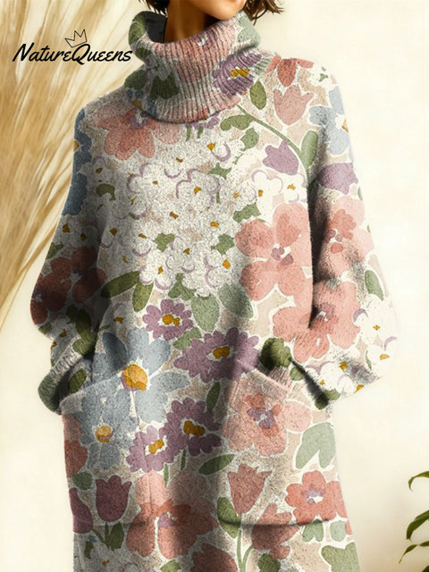 Women's Retro Floral Flowers High-neck Long-sleeve Casual Loose Knit Dress