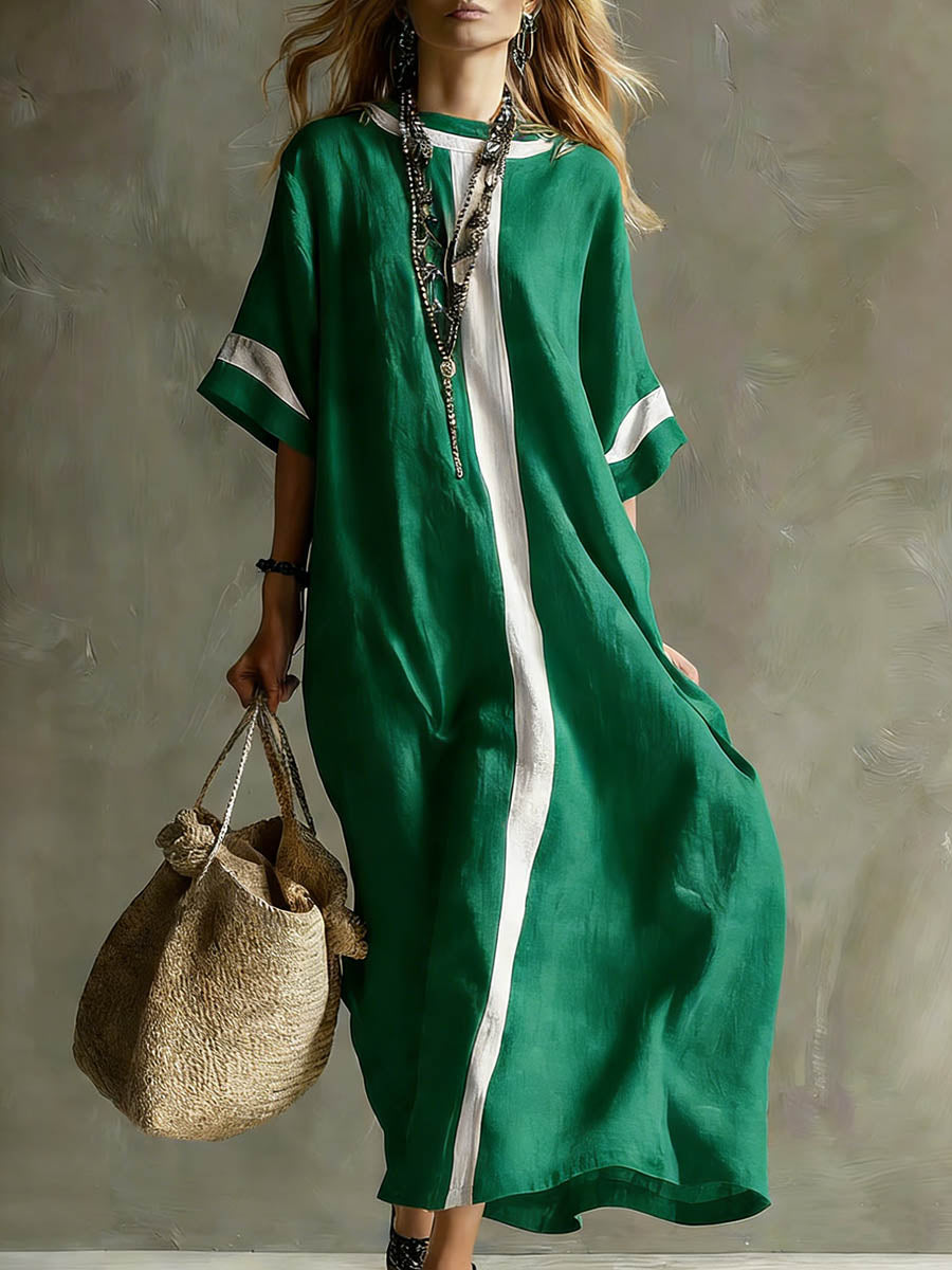 Women's Round Neck 3/4 Sleeve Casual Loose Cotton And Linen Dress