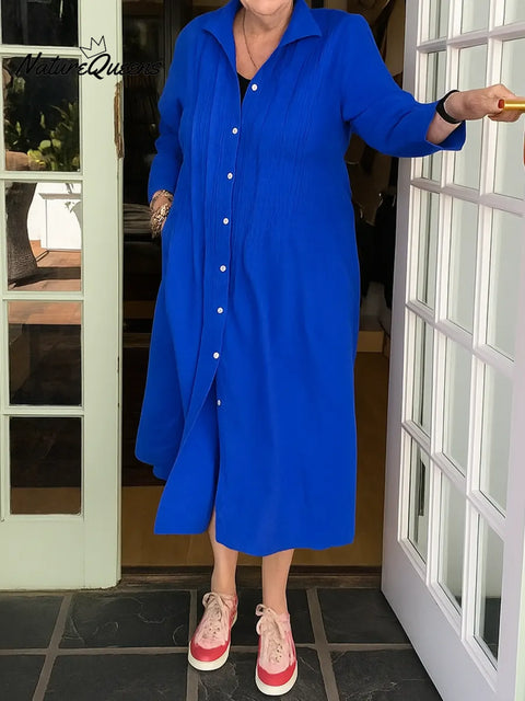 Women's Solid Color Collared Long-sleeved Casual Pleated Loose Cotton Dress