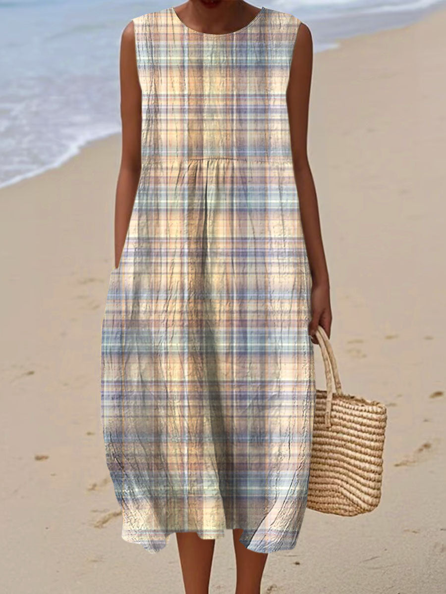 Women's Vintage Plaid Art Print Sleeveless Cotton Pocket Wrap Dress