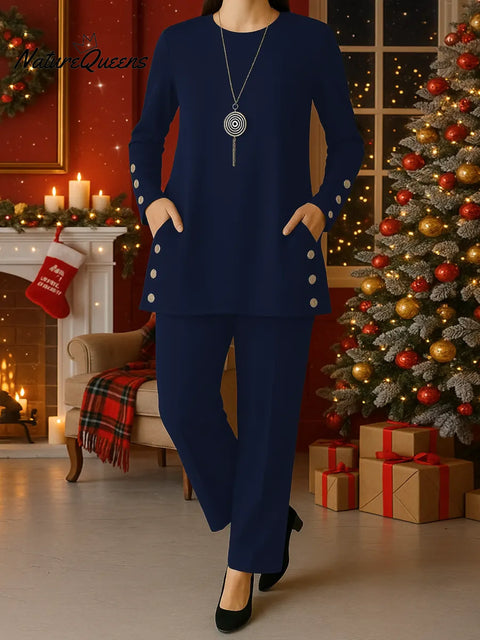 Women's Solid Color Round Neck Long Sleeve Casual Loose Cotton Top and High-Waisted Casual Loose Wide-Leg Pants Set