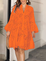 Women's Solid-color V-neck Loose-fit Dress With Embroidery And Cutout Lace