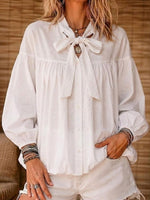 Women's Simple And Gentle Style Bow Cotton Linen Top
