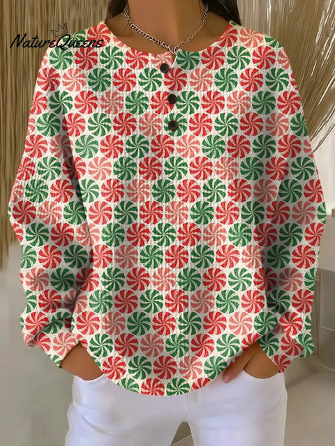 Women's Christmas Pattern Art Print Casual Waffle Sweatshirt