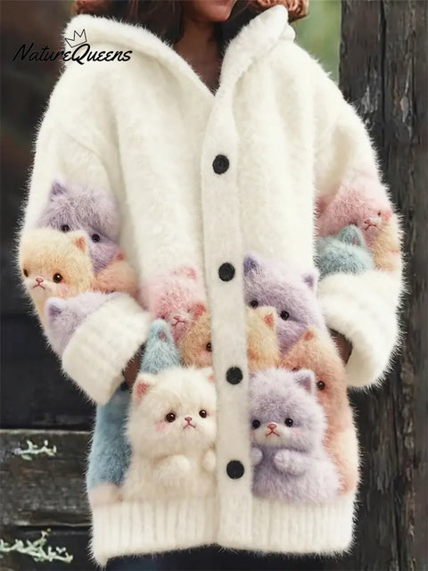 Women's Funny Cats Pattern Art Print Casual Fleece Coat