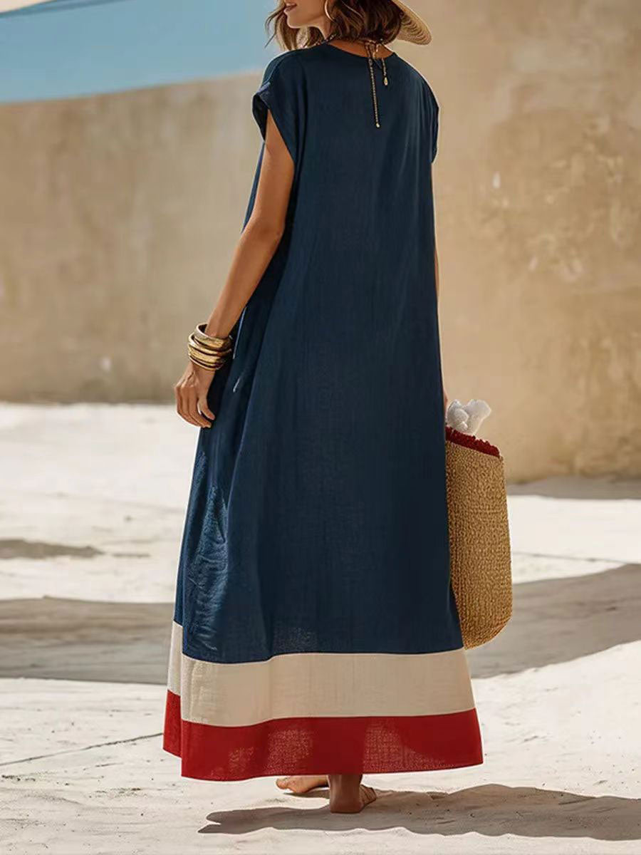 Women's Color-block Cotton-linen Dress — Casual Resort Style