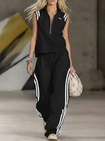Women's Casual Patchwork Striped Zip-up Top And Pants Two-piece Set