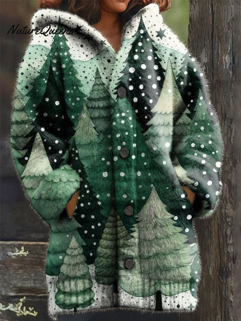 Women's Retro Christmas Tree Scenery Pattern Art Print Casual Plush Warm Coat