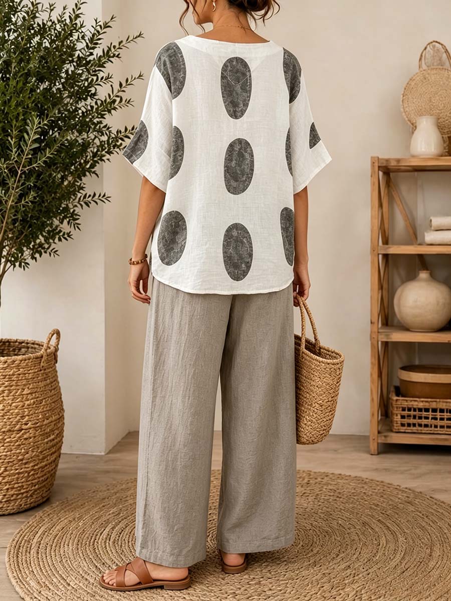 Women's Retro Geometric Print V-neck 3/4-sleeve Loose-fit Cotton-linen Top & Solid High-waisted Wide-leg Pants Set