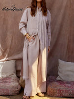 Women's Comfortable Linen And Cotton Extra-long Shirt And Pants Two-piece Set