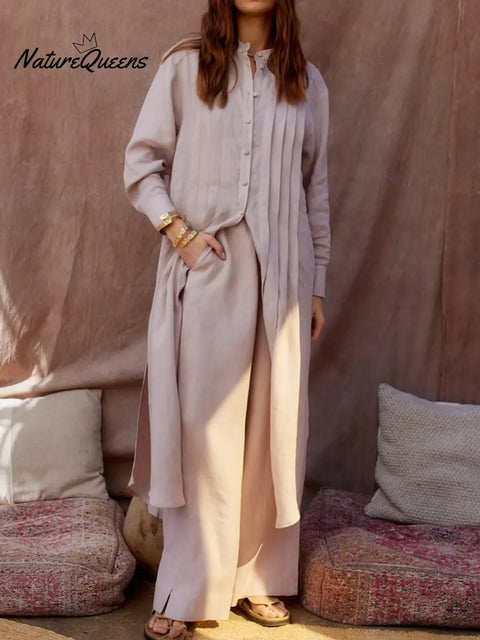 Women's Comfortable Linen And Cotton Extra-long Shirt And Pants Two-piece Set