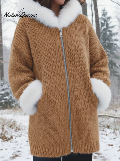 Cozy Frayed Edge Patchwork Zip-up Hooded Jacket