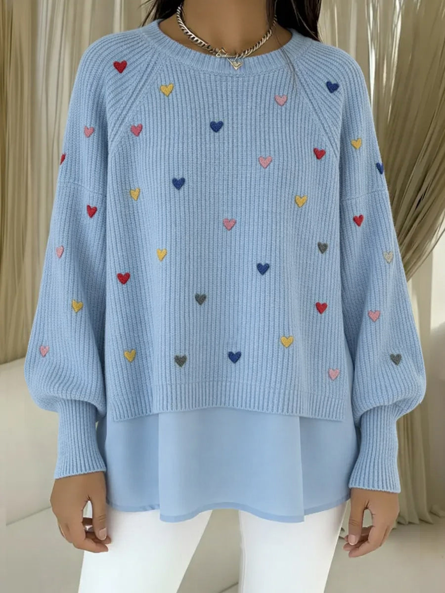Comfortable Heart Embroidered Chiffon Patchwork Pullover Sweater