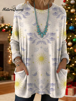 Women's Floral Sun Pattern Art Print Casual Cotton Knitted Sweater