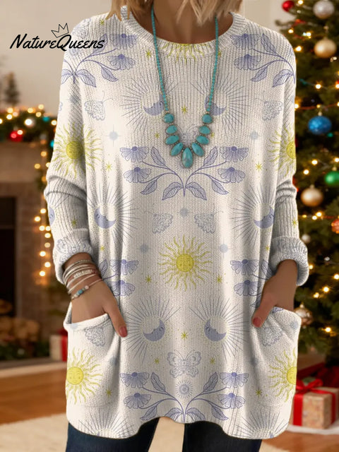Women's Floral Sun Pattern Art Print Casual Cotton Knitted Sweater