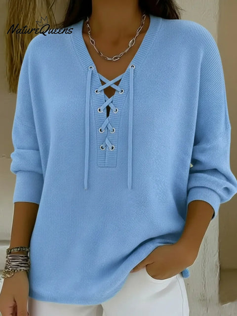 Casual V-neck Tie-front Pullover Sweater