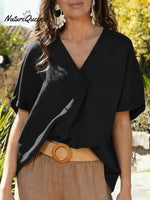 Women's Solid Color V-neck Short-sleeved Casual Loose Cotton And Linen Top