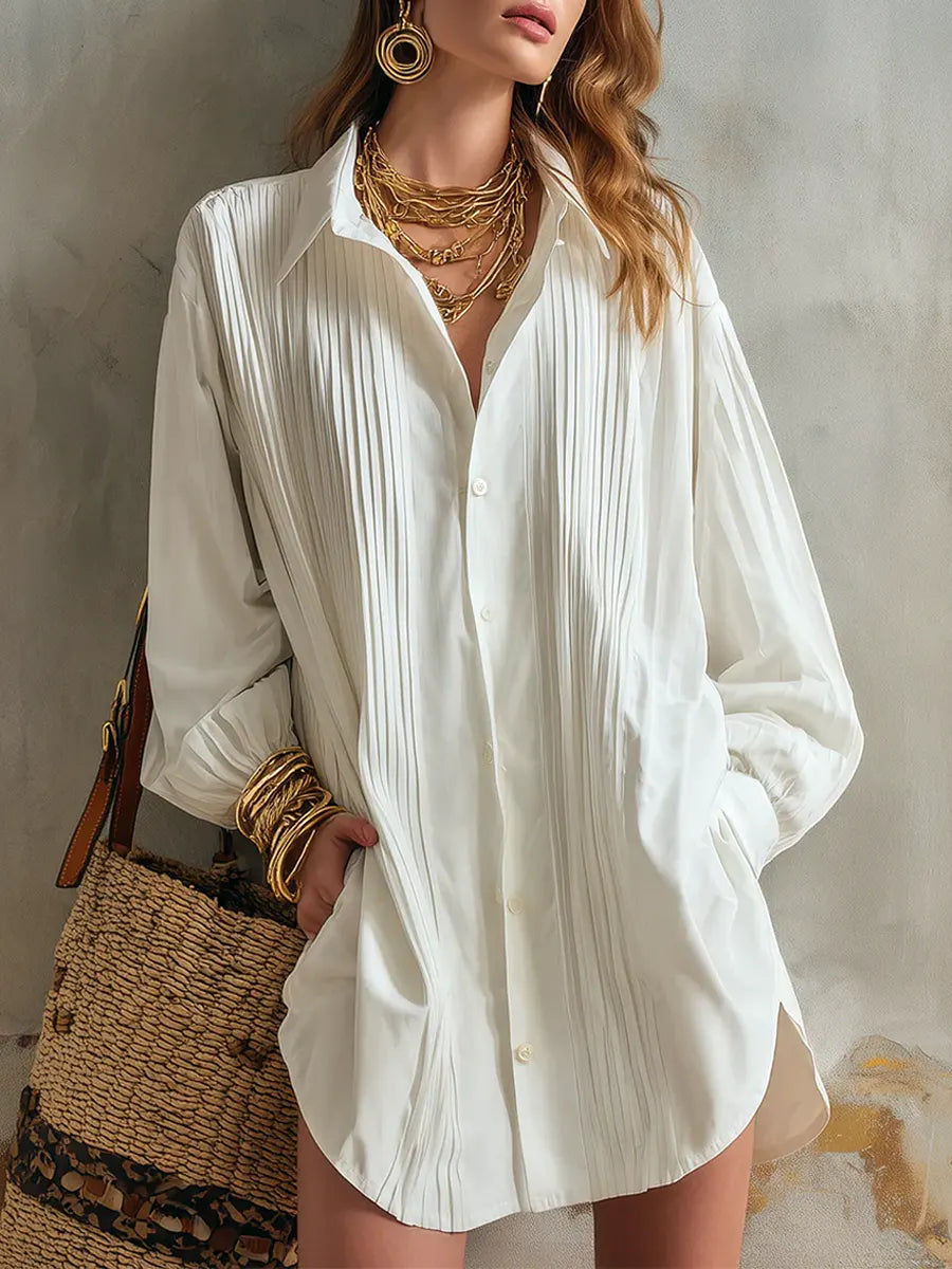 Women's Solid Color Lapel Long Sleeve Art Casual Cotton Shirt Dress