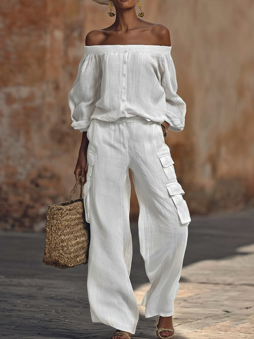 Cozy Relaxed Linen-cotton Top And Work Pants Two-piece Set