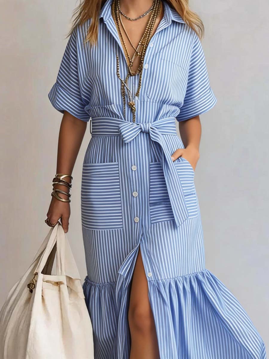 Women's Striped Pattern Art Casual Stylish Cotton Linen Dress