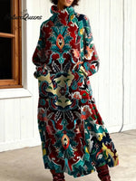 Women's Vintage Flower Art Print Casual Cotton Knitted Dress