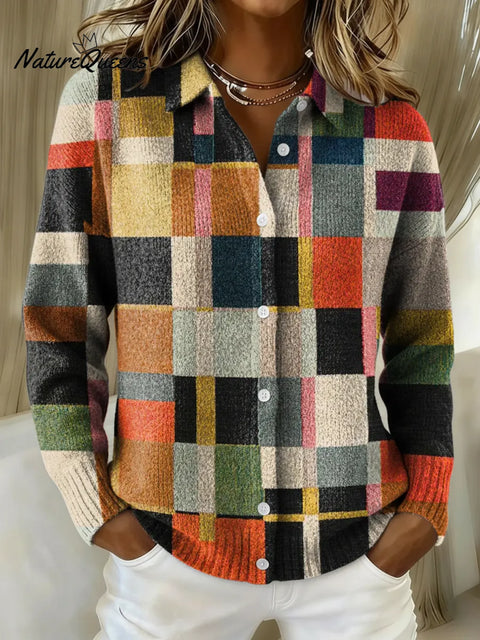 Women's Retro Colorful Geometry Printed Collared Sweater