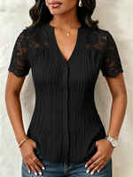V-neck Vertical Pleat Lace Splice Fitted Short Sleeve Blouse