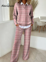 Women's Plaid Pattern Art Print Casual Cotton Knitted Suits
