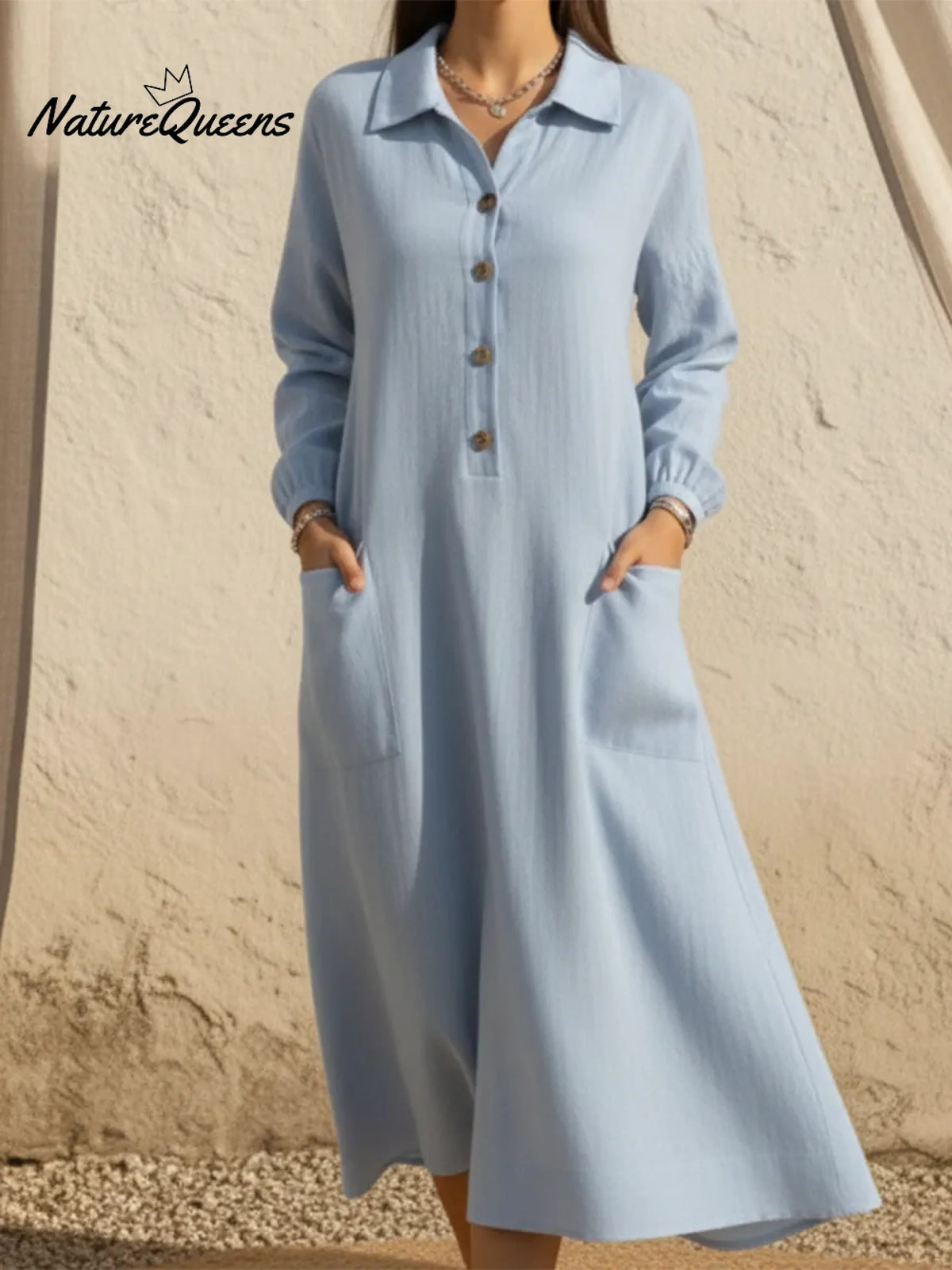 Women's Casual A-line Button Linen Shirt Dress