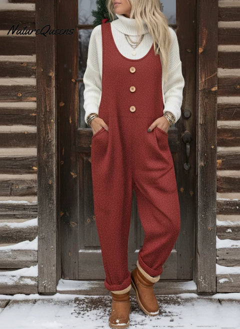 Autumn and winter women's casual loose button woolen jumpsuit