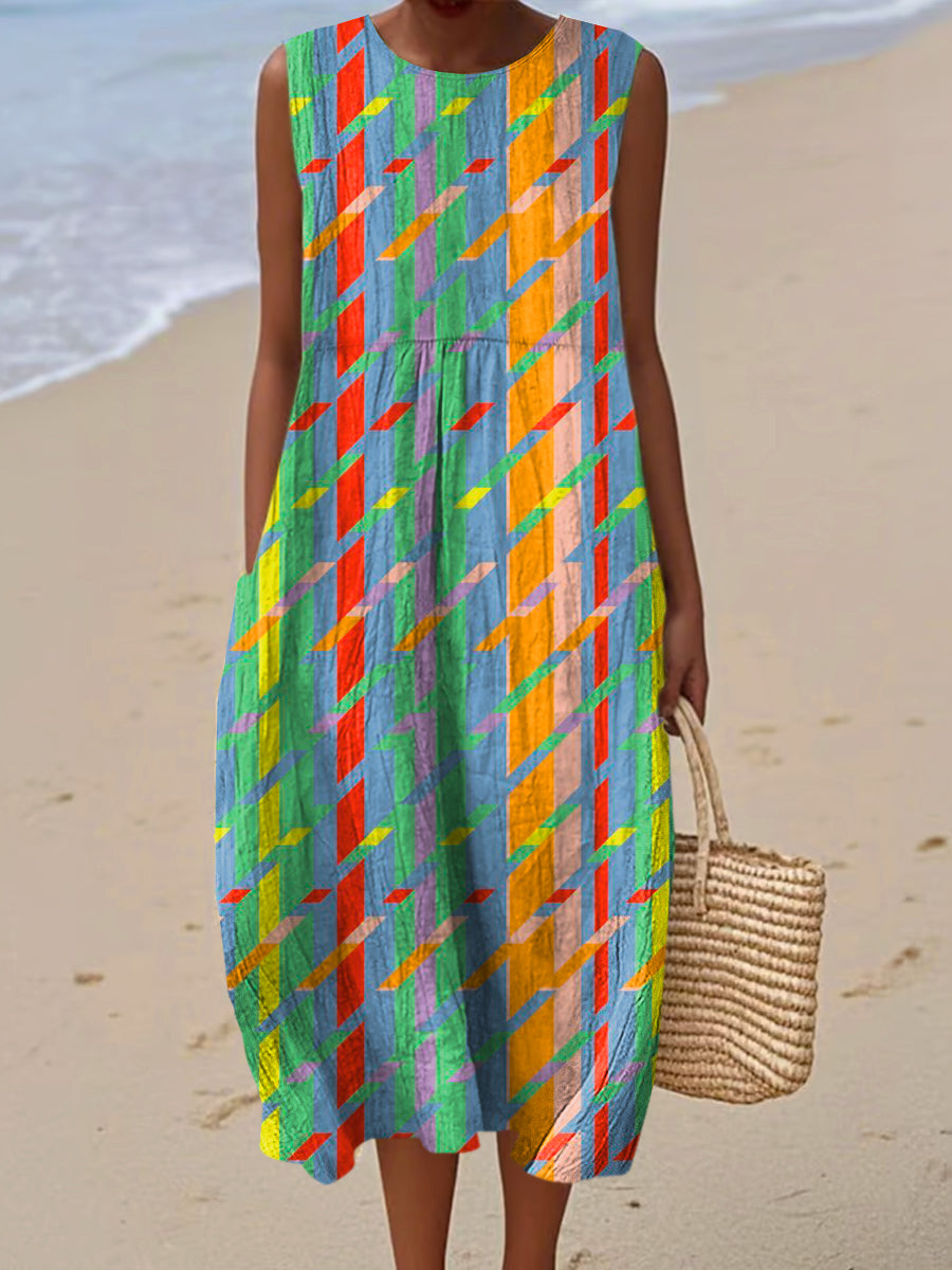 Women's Vintage Geometry Art Print Sleeveless Cotton Pocket Wrap Dress