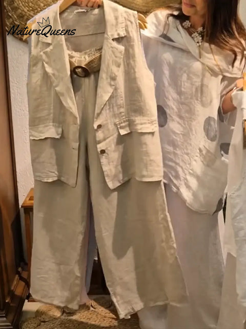 Women's Casual Linen And Cotton Vest And Trousers Two-piece Set