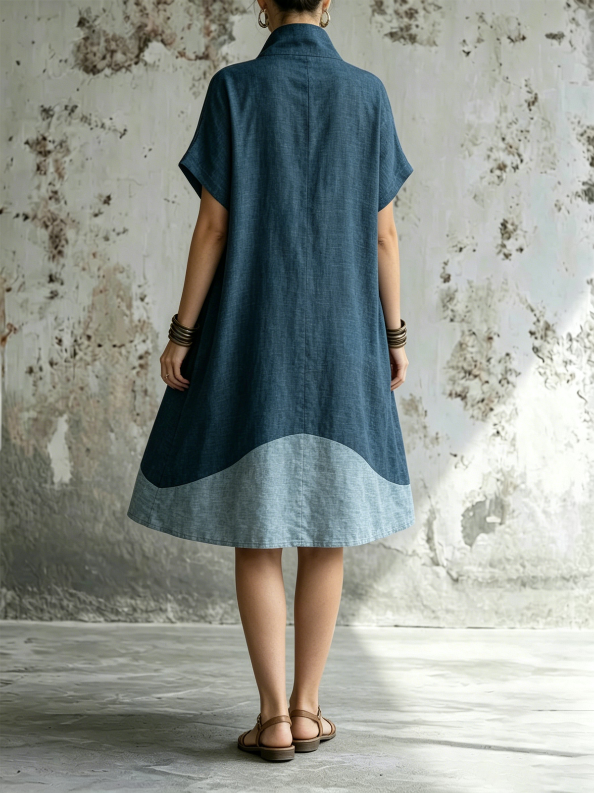 Color-blocked Stand Collar Linen-cotton Swing Dress