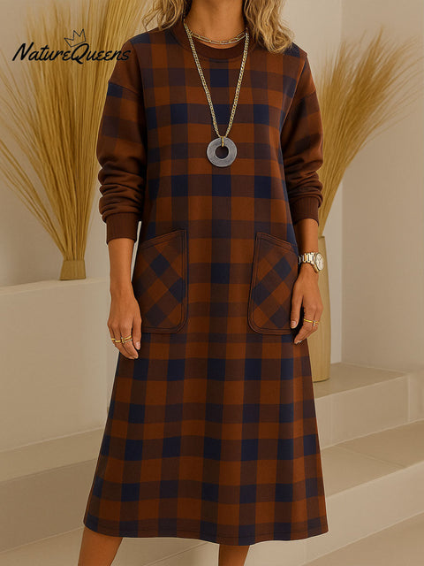 Women's Plaid Print Round Neck Long Sleeve Casual Loose A-Line Dress