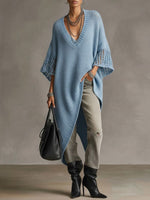 Women's Solid Color V-neck 3/4 Sleeve Casual Loose Knit Dress