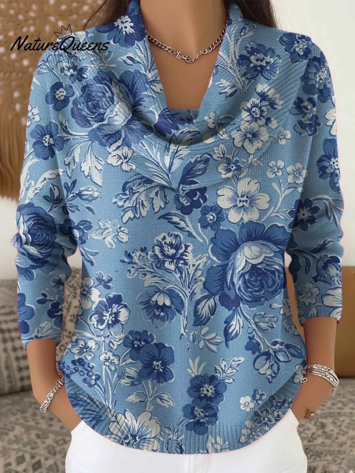 Women's Floral Pattern Art Print Casual Cowl Neck Sweater