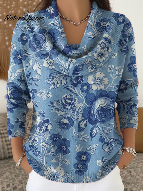 Women's Floral Pattern Art Print Casual Cowl Neck Sweater