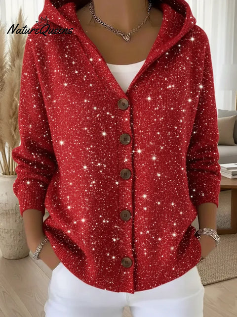 Casual Christmas Party Glitter Button Hooded Cardigan Sweater