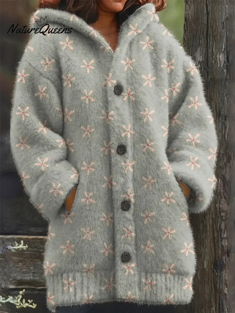 Simple Small Flower Printed Knit Hoodie