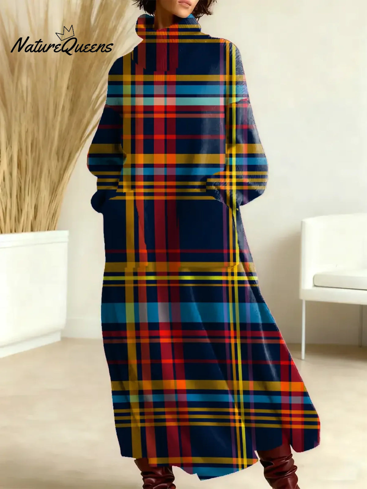 Women's Vintage Plaid Art Print Casual Cotton Knitted Dress