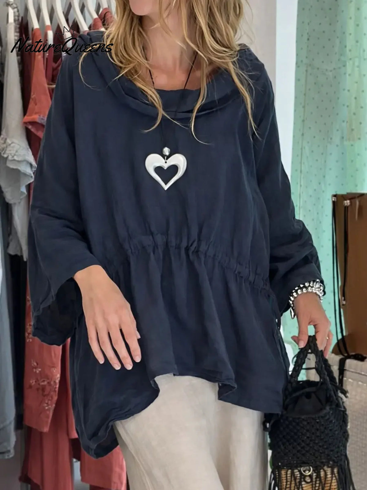 Women's Solid Color Round Neck Long-sleeved Casual Loose Cotton And Linen Top