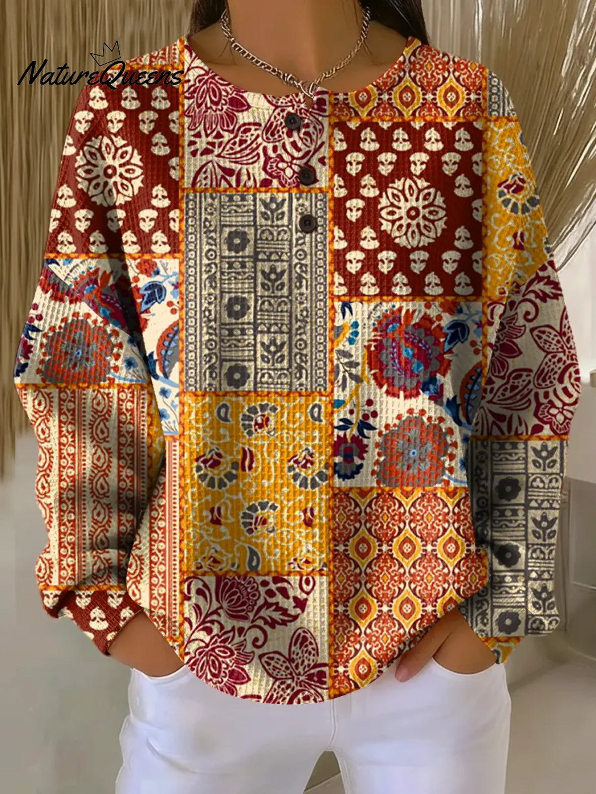 Women's Vintage Hippie Flowers Pattern Art Print Casual Waffle Sweatshirt